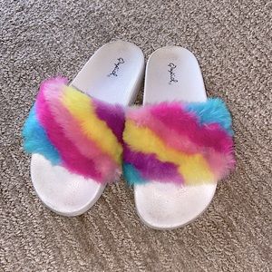 Furry Rainbow slides! Size 7, fur and shoe in great condition.